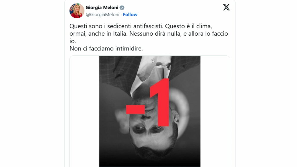Foto di Kirk a testa in giù, Meloni: “Sedicenti antifascisti, non ci facciamo intimidire” Foto di Kirk a testa in giù, Meloni: “Sedicenti antifascisti, non ci facciamo intimidire”